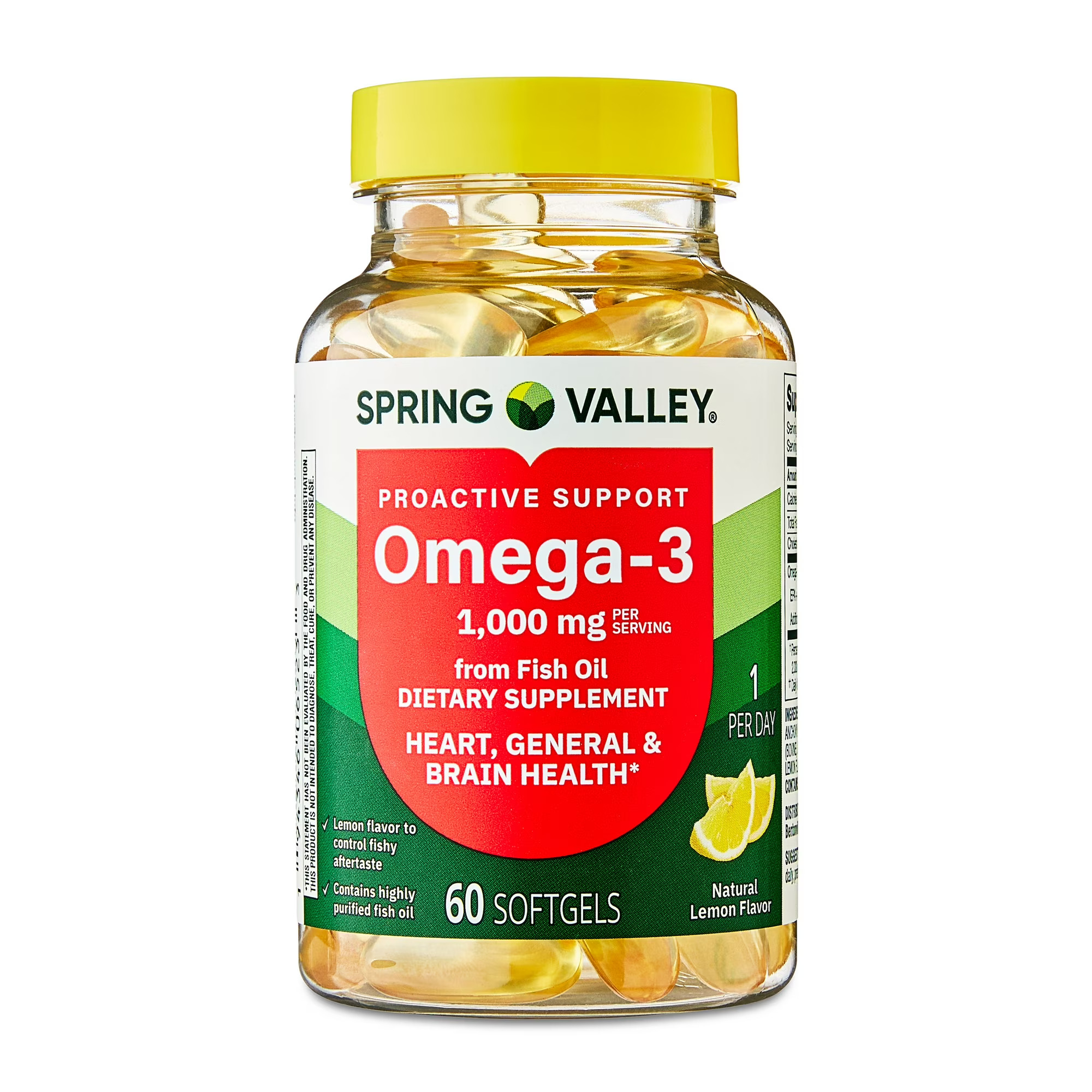 Spring Valley Apoyo Proactivo Omega-3 Suplemento Dietético de Aceite de Pescado Cápsulas Blandas para la Salud Del Corazón/general/cerebro, 1000 mg, 60 Unidades