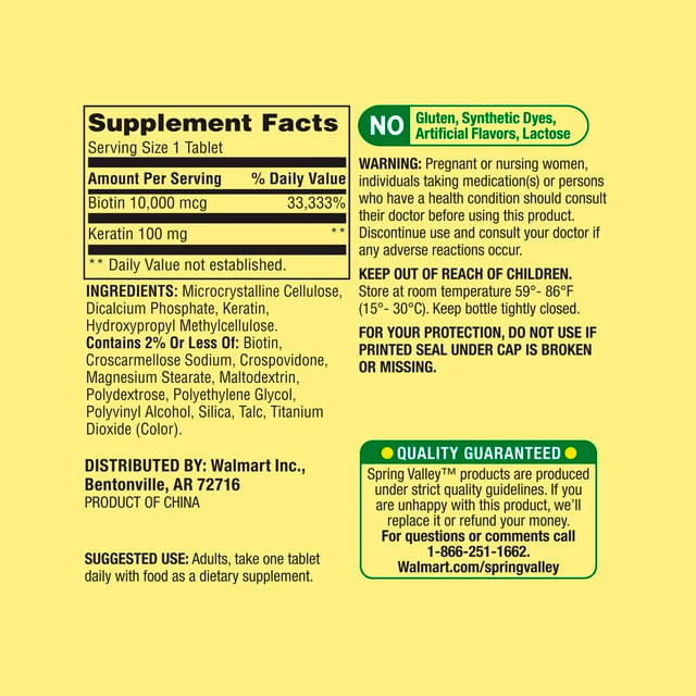 Spring Valley Tabletas de Suplemento Dietético de Biotina Extra Fuerte Más Queratina para la Salud Del Cabello/piel/uña, 10,000 mcg, 60 Unidades - Imagen 3