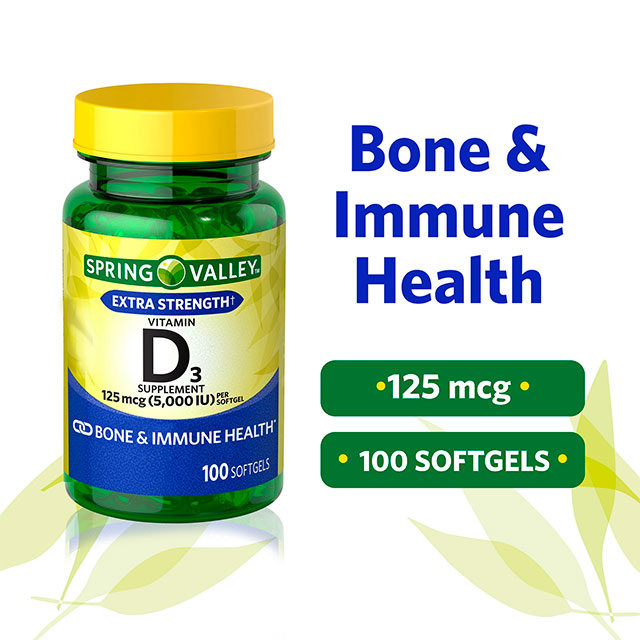 SPRING VALLEY VITAMIN D3 SOFTGELS 5000 IU 100 COUNT - Imagen 2