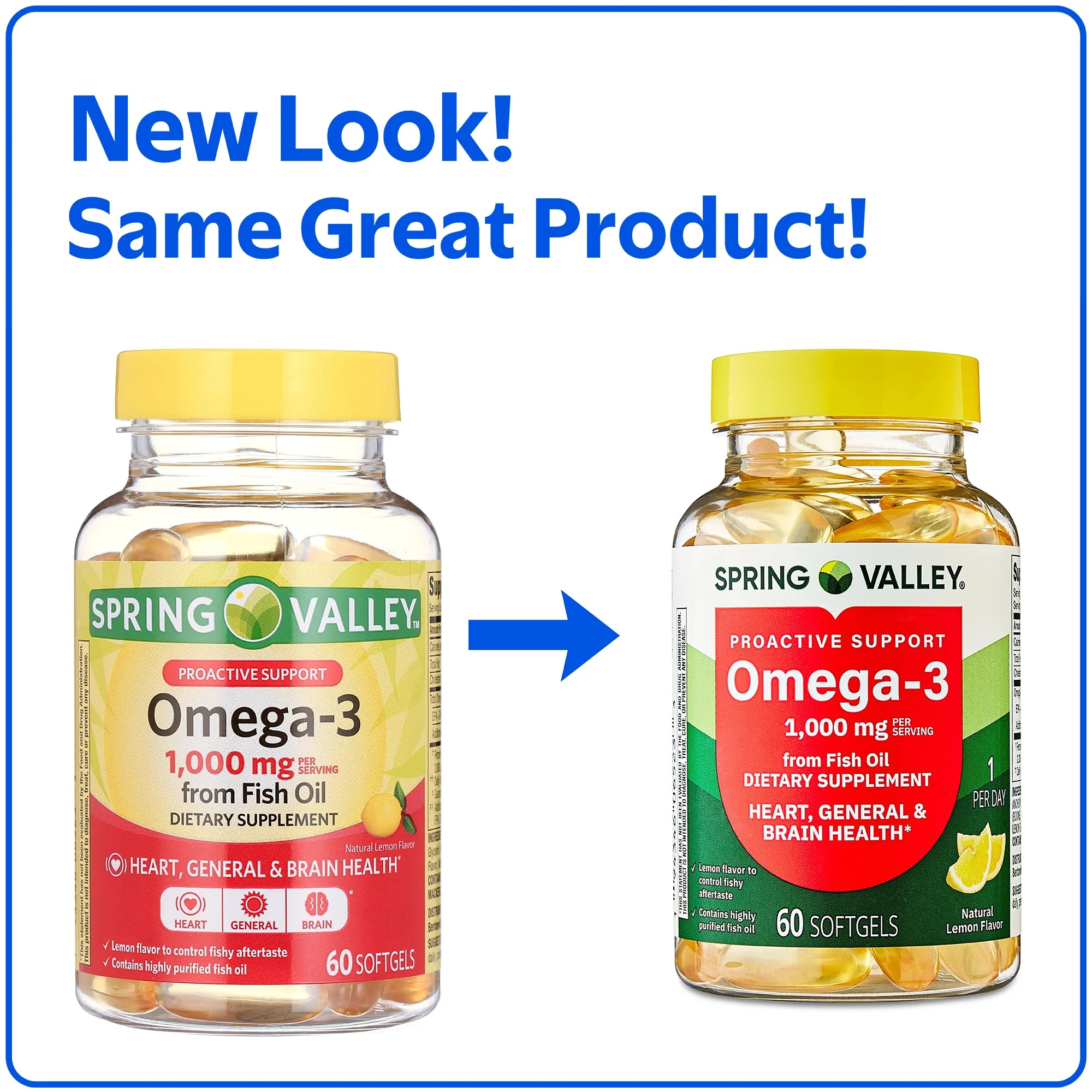 Spring Valley Apoyo Proactivo Omega-3 Suplemento Dietético de Aceite de Pescado Cápsulas Blandas para la Salud Del Corazón/general/cerebro, 1000 mg, 60 Unidades - Imagen 2